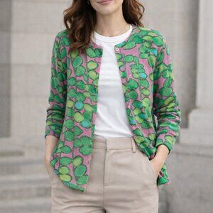 Garnet Hill Merino Wool Floral Cardigan Lightweight Pink Green XL